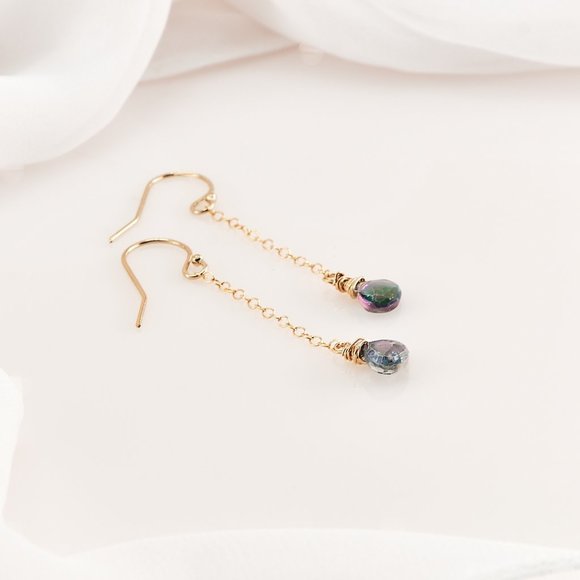 Blue Mystic Quartz Dainty Earrings, 14K Gold Filled Long Dangle Earrings - Picture 5 of 9